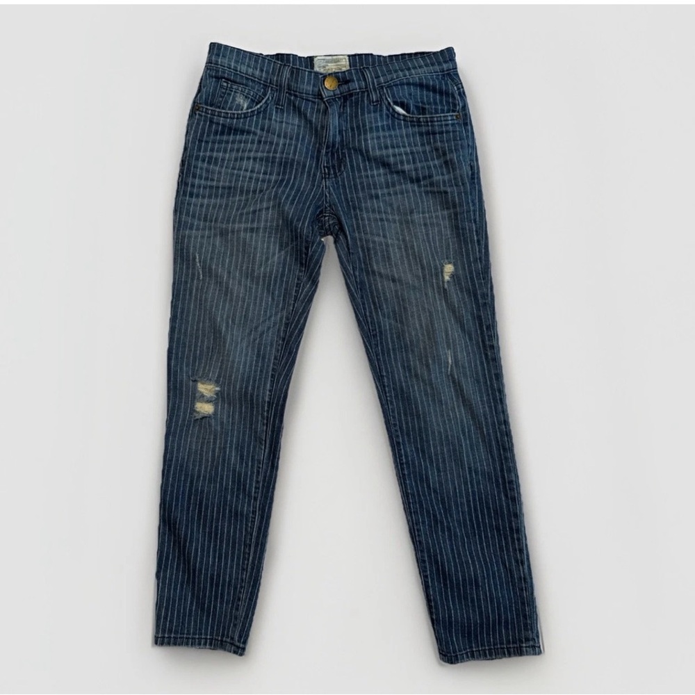 Current Elliott indigo pinstriped destroyed relaxed cropped jeans
